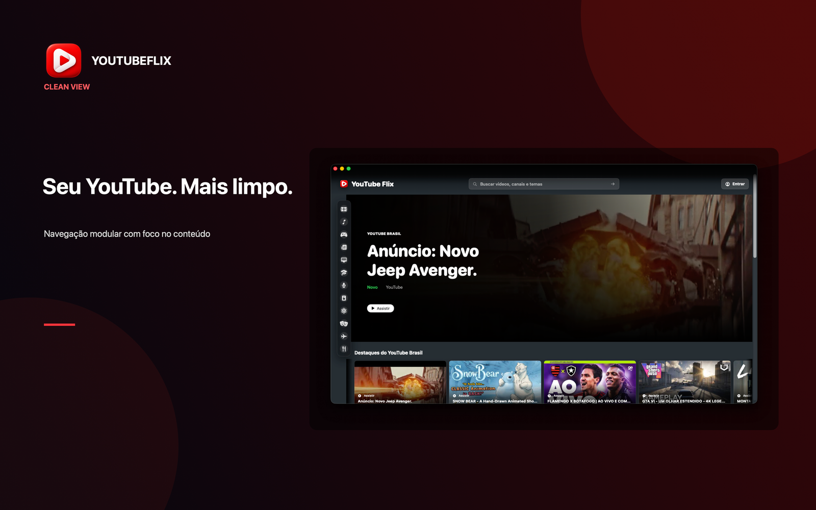 Tela inicial do YouTubeFlix com navegação e cards de vídeos